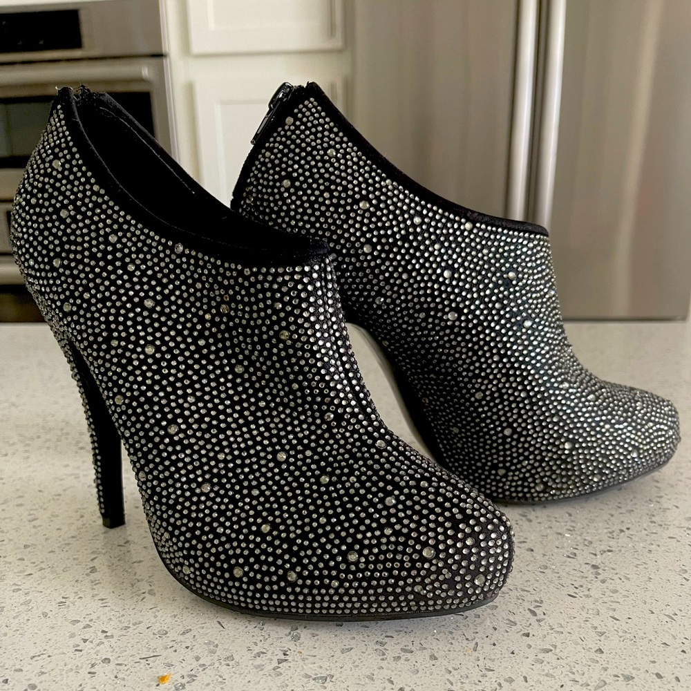 Steve Madden black platform booties with rhinestones